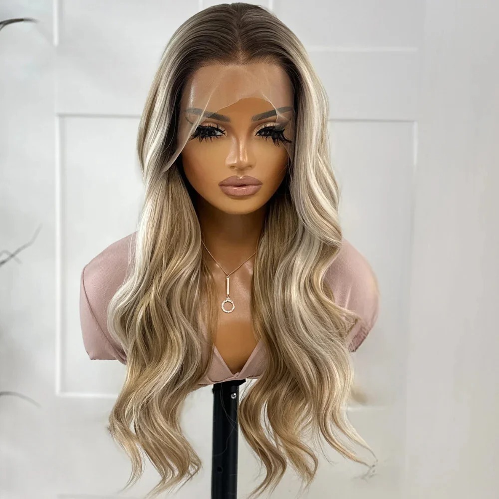 Highlight Ombre Ash Blonde Transparent Lace Front Wigs Long Body Wave Hd Lace Frontal Glueless Wig Heat Resistant Synthetic Fiber Hair For Women Daily