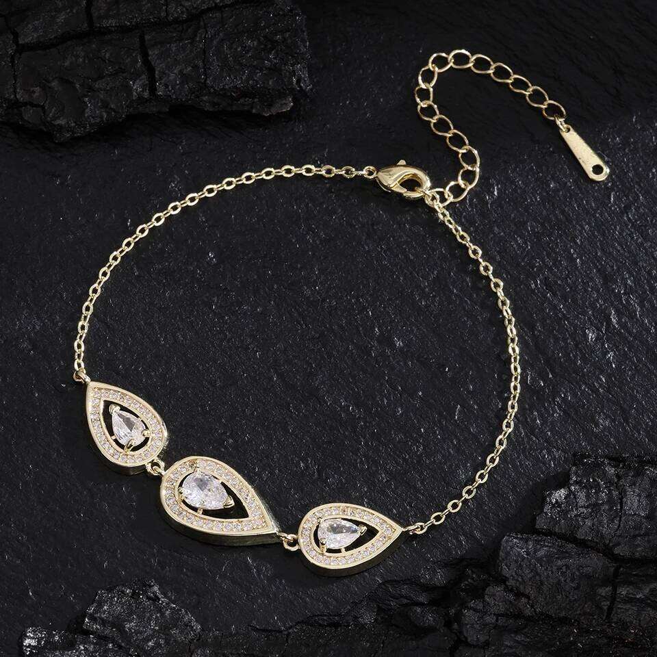 ZAKOL Luxury Three Pear-shaped Water Drop Shiny Zircon Charm Bracelet for Women Female Exquisite Jewelry Gift