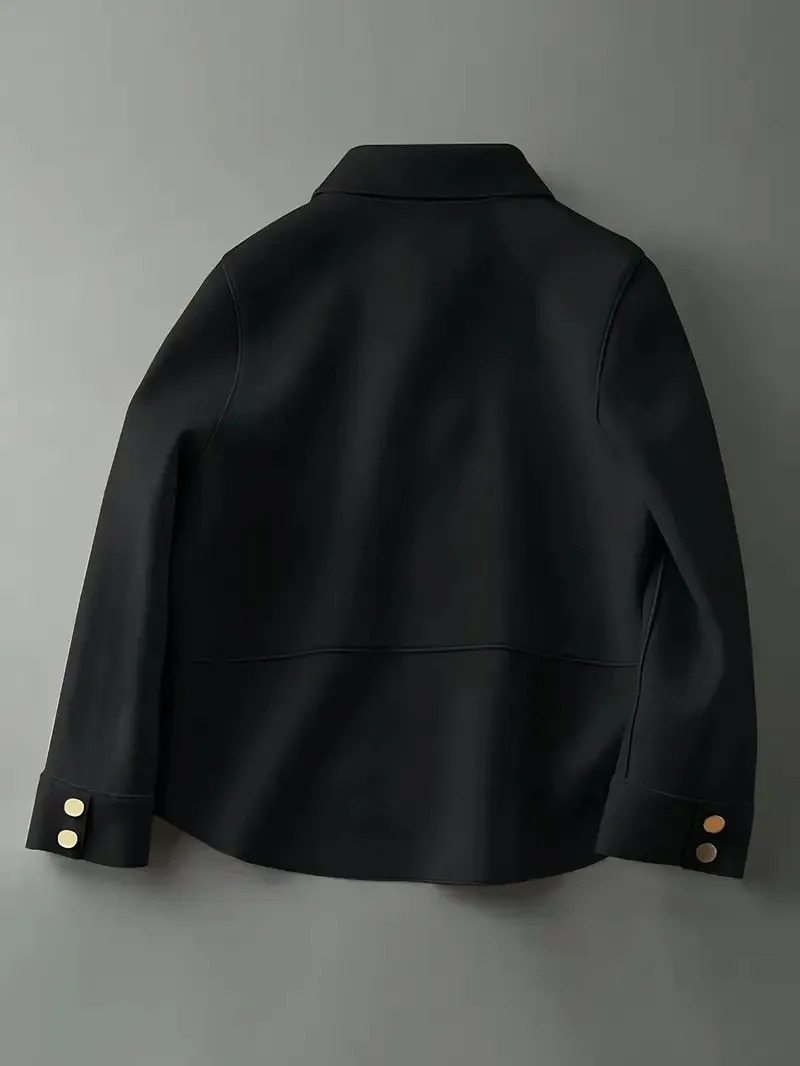 Fashionable womens black lapel jacket with metal button details pockets elegant and casual suitable for commuting office 251225