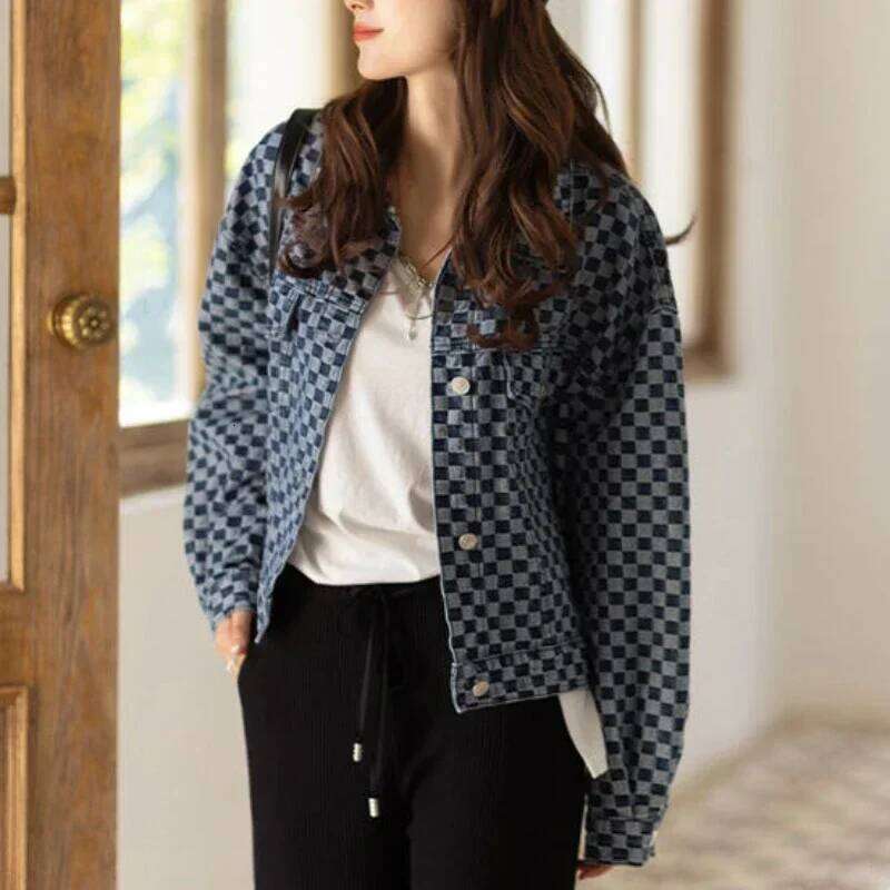 Spring Autumn Check With Print Graphic 2026 Designer Fashion Outerwears Blue Mix Color Female Jeans Coat Women's Denim Jackets Chic And Elegant L