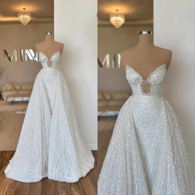 Customizable Wedding Dresses Simple Pearl Sequined Strapless Gown with Detachable Train Engagement Dress Dress