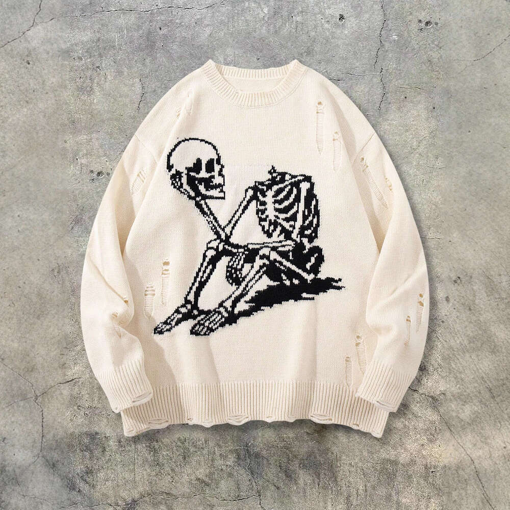 Autumn Winter Vintage Y2K Round Neck Skull Jacquard Unisex Pullover Loose Knitted Long Sleeve Sweater