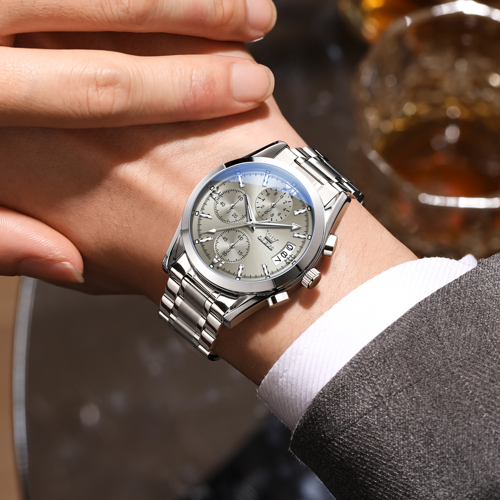 OLEVS Multi functional large dial quartz watch, business waterproof watch three eye calendar designer chronograph watch