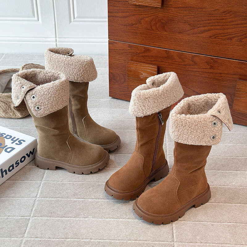 INS Fleece-Lined Long 2025 Autumn Winter New Korean Style Girls' Melad Cuffed High Warm Cotton Boots