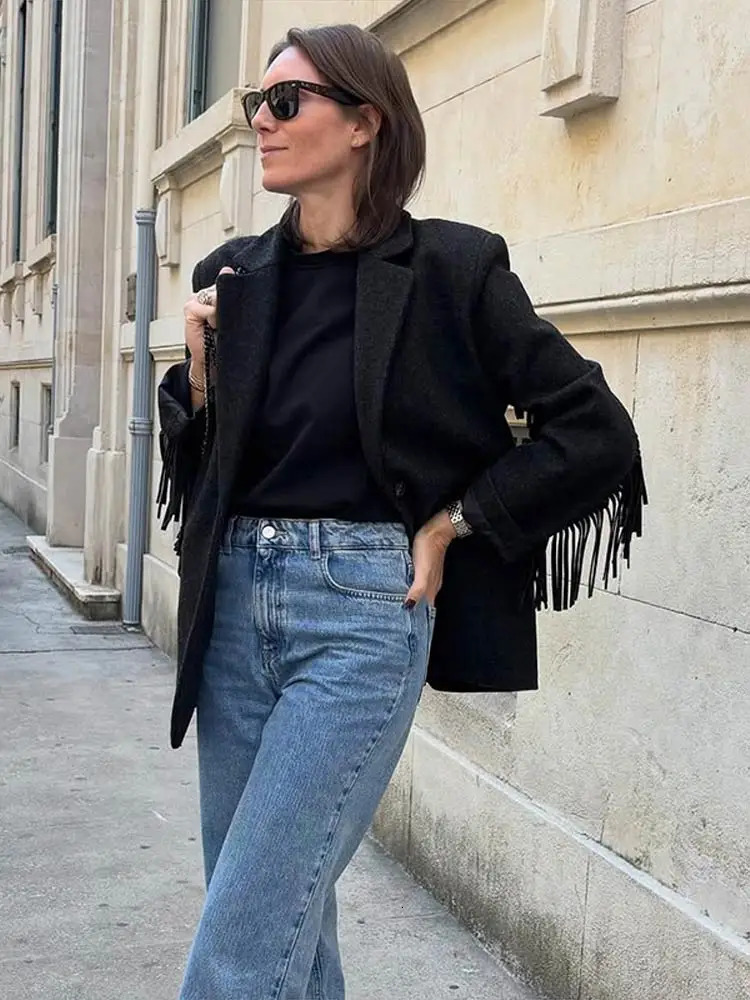 Chic Womens Blazer Turn down Collar Full Sleeve Tassel Solid Female Blazers 2025 Autumn Elegant Fashion High Street Lady Coat 251227