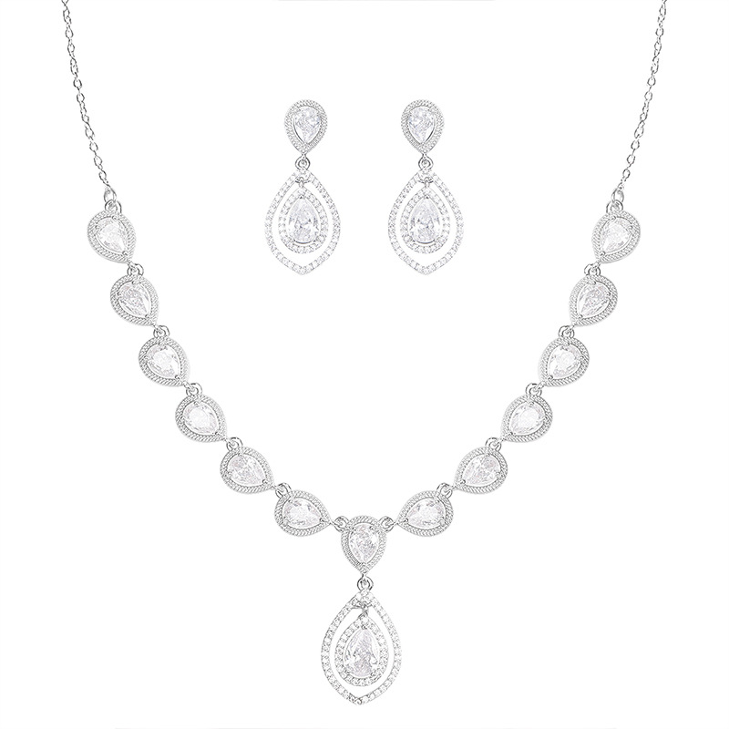 TaiYang 2025 New Teardrop Zirconia Bridal Jewelry Set, Silver Plated Copper Earrings & Necklace, Wedding Engagement Jewelry Gift