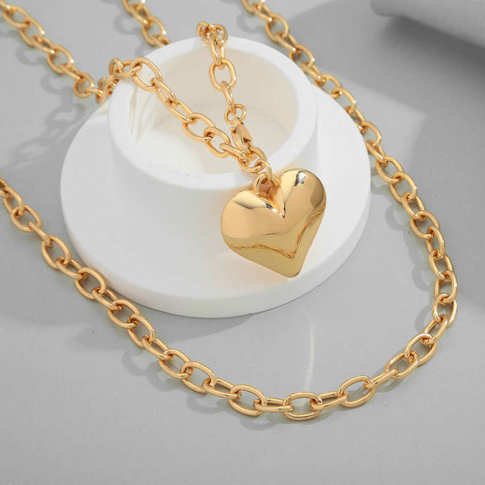 Simple Double Layer Stacked Necklace Fashion Versatile Elegant High-End Heart Pendant