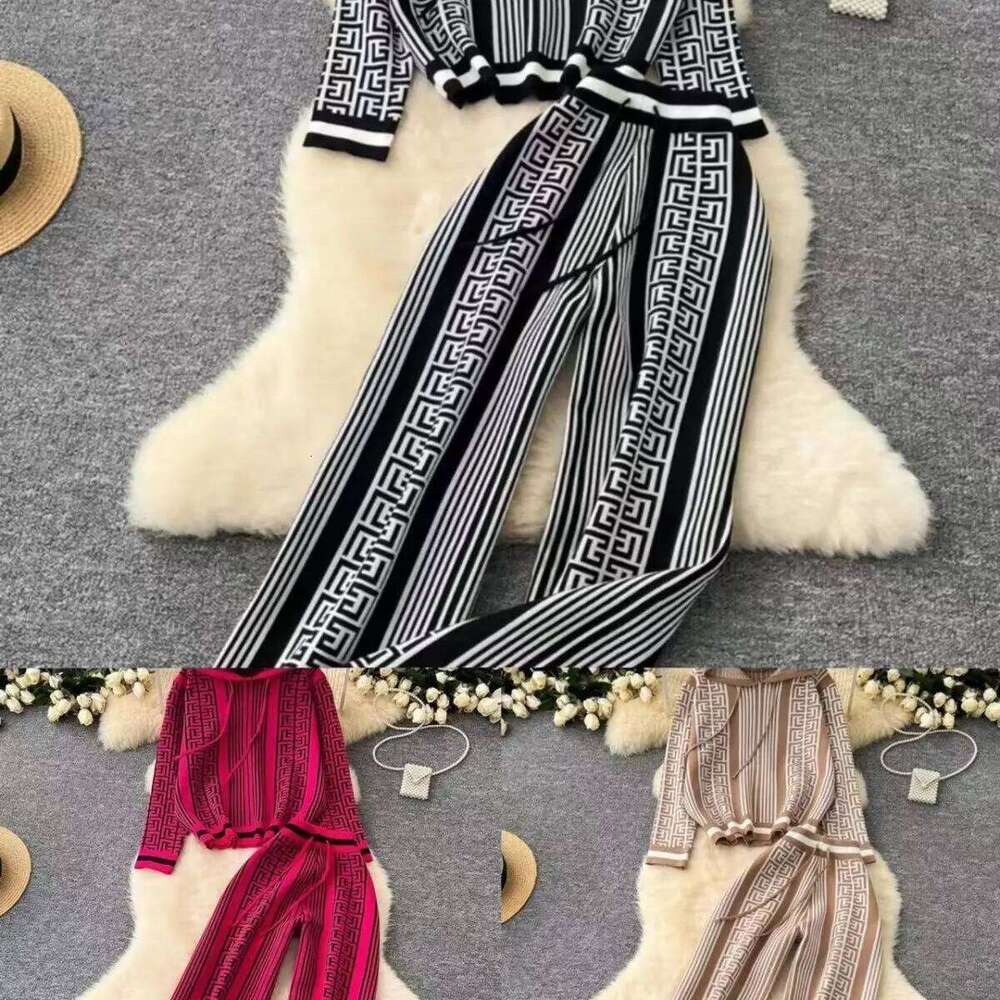 Autumn Winter Two-Piece Set Of European And American Casual Fashion Hooded Printed Knitted Sweater+Wide Leg Pants