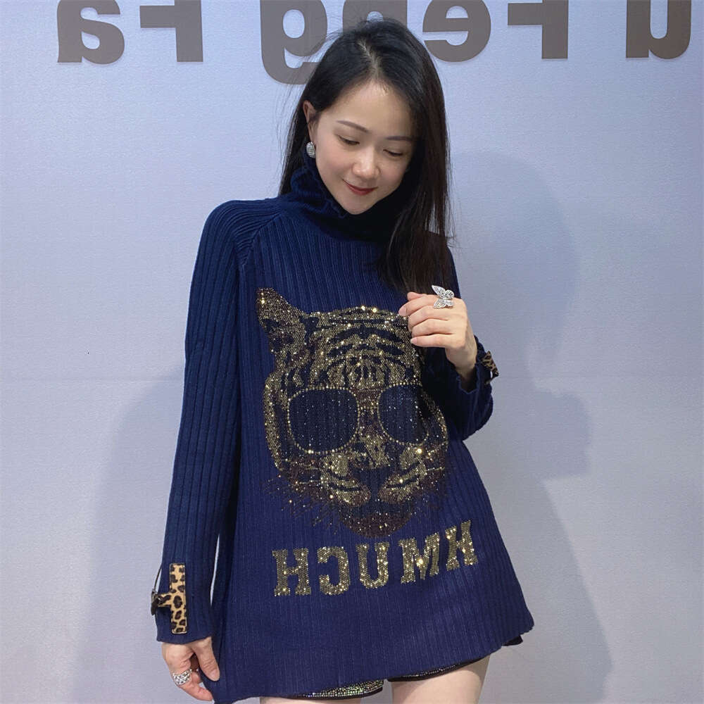 Lazy High Neck Heavy Embroidery Rhinestone Outerwear Sweater For Women Autumn Winter Korean Style Mid-Length Inner Wear Women's Base Knitwear