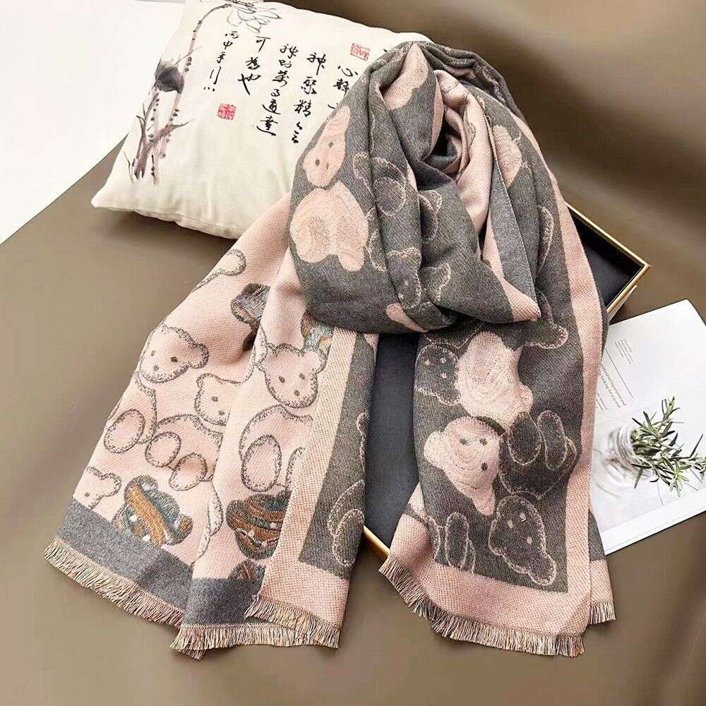 New Autumn Winter Colorful Bear Pattern Imitation Cashmere For Women Travel Air Conditioning Warm Neck Scarf Dual-Use Shawl