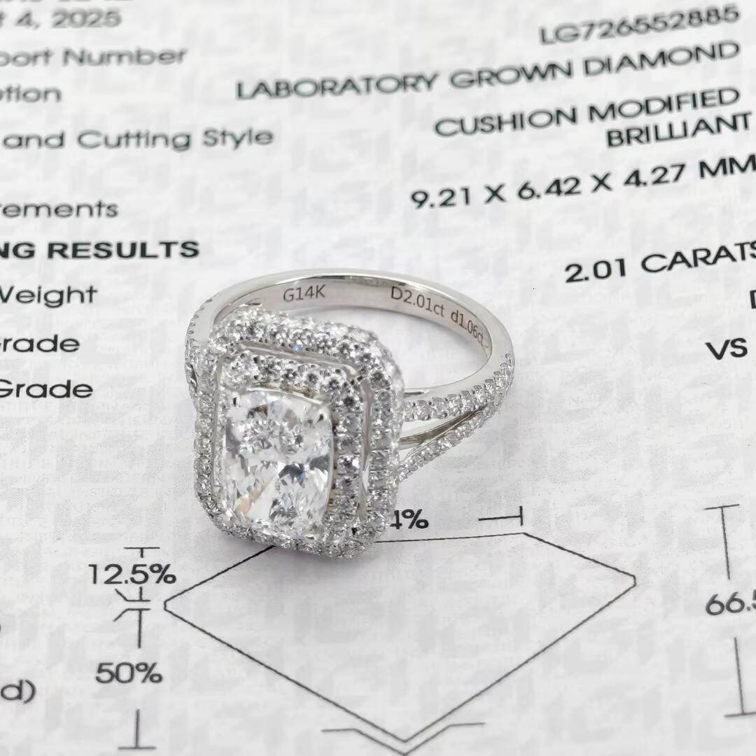 Telula OEM ODM 14k Solid Gold Rings Cushion Cut 2CT VS D Color Lab Grown Diamond Ring Luxury Statement Jewelry