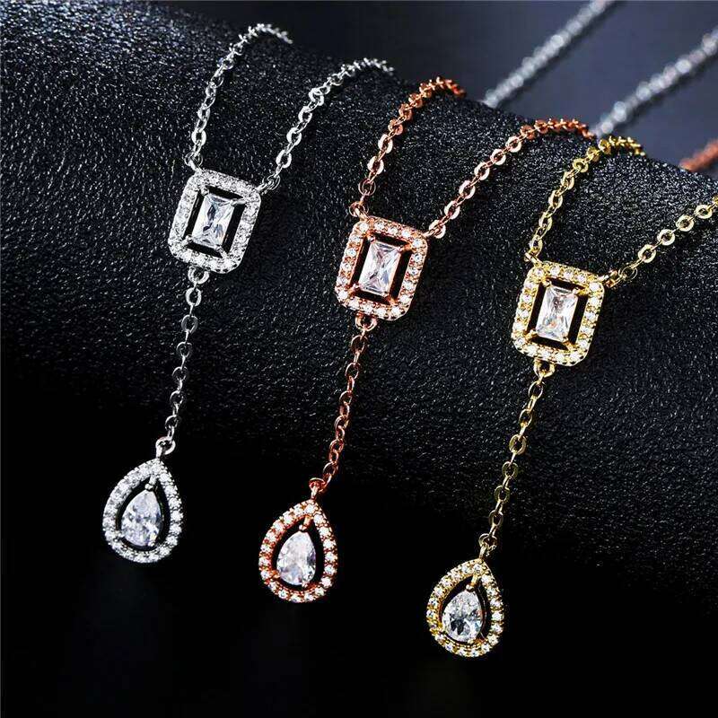 ZAKOL Classic Square Water Drop Zircon Necklace Brilliant Shiny Wedding Party Engagement Jewelry Gifts for Women