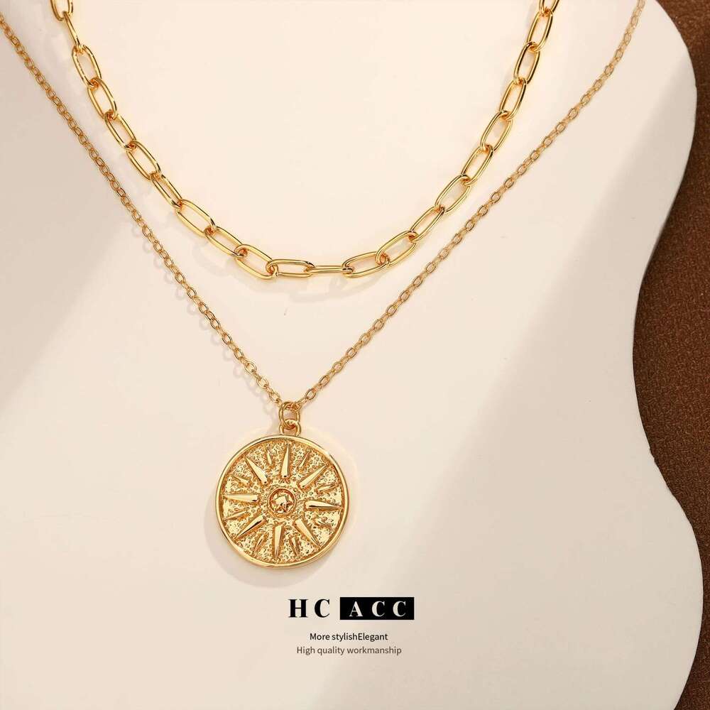 Fashion Retro Style Niche High-End Layered Necklace Sun Design Pendant Copper Gold-Plated Women's Jewelry