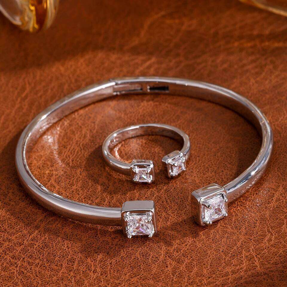 ZAKOL Elegant Shiny Square Zircon Open Ring&Bracelets New Trendy 18K Gold Plated Engagement Wedding Jewelry Two-piece Set