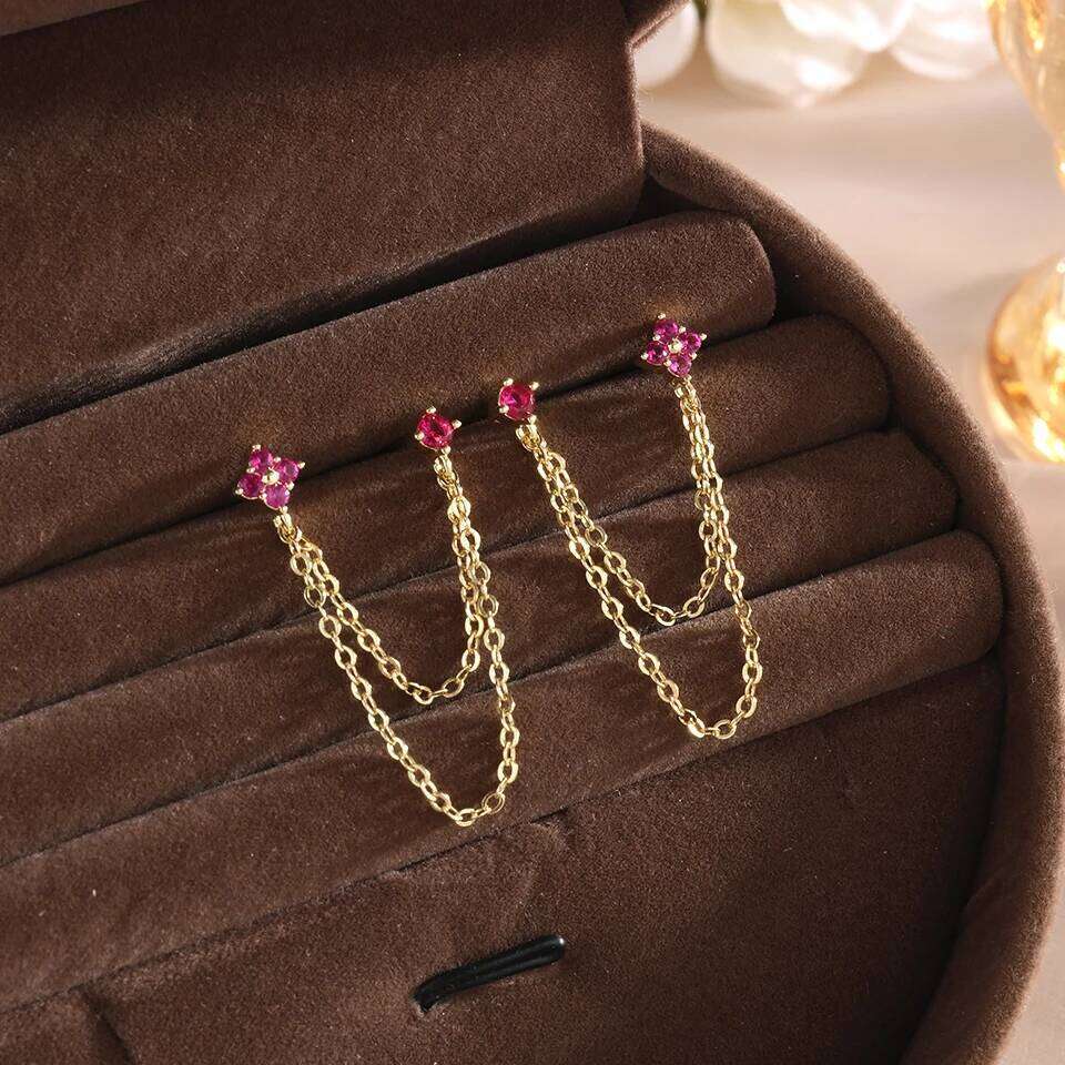 ZAKOL 1 Pair Colored Zircon Four-leaf Flower Stud Earrings Piercing Chain Helix Tragus Cartilage Ear Accessories for Women