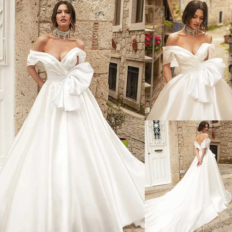 Elegant Ivory Satin Wedding Dress V Neck Off the Shoulder Bow Bridal Gowns A line Floor Length Robe De Customized