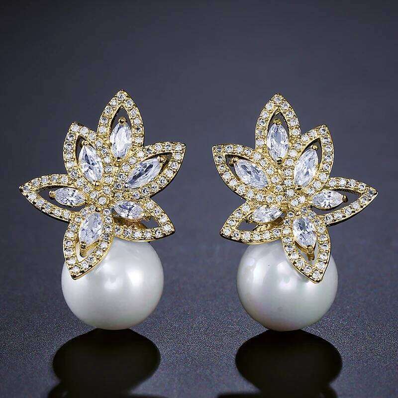 ZAKOL Temperament Imitation Pearl Flower Stud Earrings Elegant Leaf Marquise Zirconia Wedding Party Jewelry for Women