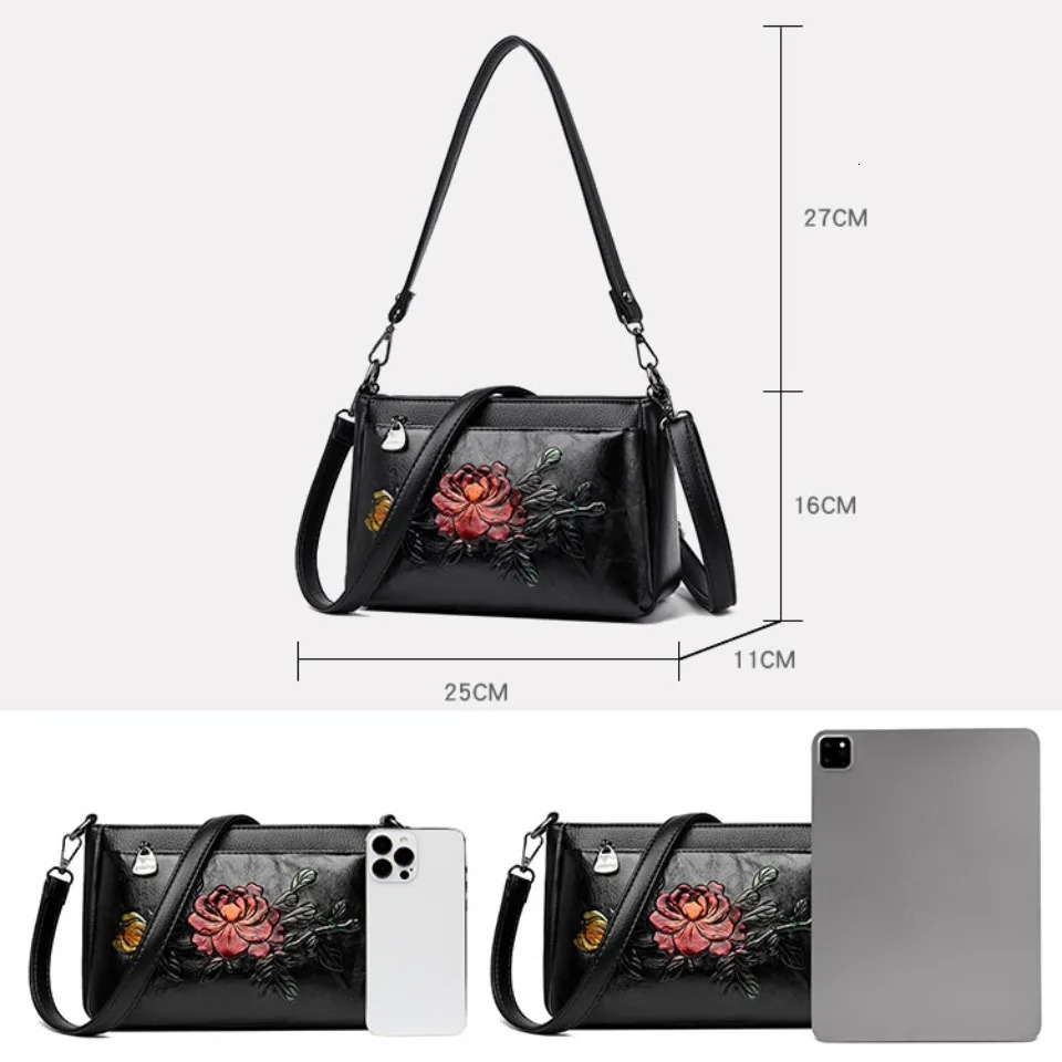Genuine Top Quality Pu Leather Vintage 3D Floral Embossed Crossbody Bag Elegant Shoulder Casual Female Messenger 251216