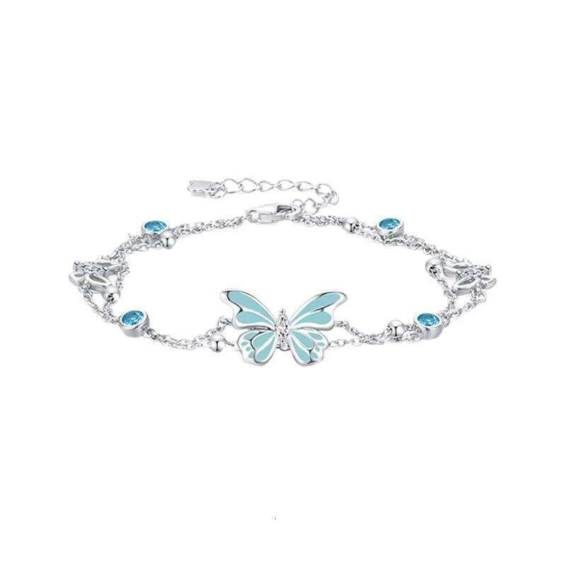 925 Silver Elegant Blue Luminous Double-layer Butterfly Bracelet with Adjustable Size for Women's Birthday Party Gifts 25H1229