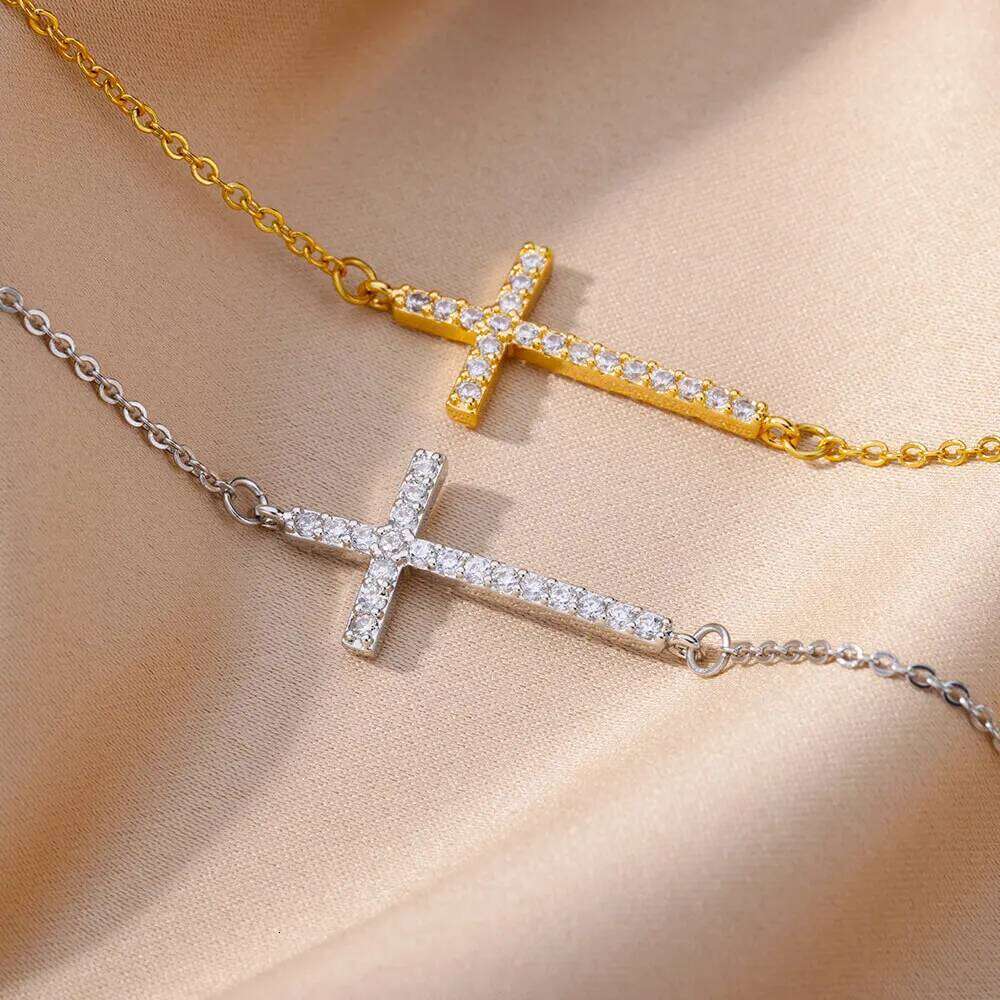 Crystal Bracelets For Women Fashion Gold Plated Stainless Steel Cross Bracelet Vintage Religion Aesthetic Jewelry Gift 25H1229