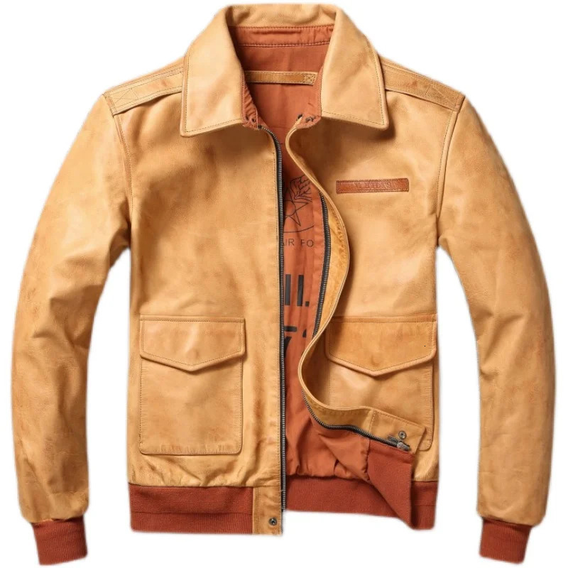 Classic Flight A2 Pilot Jacket Vintage Dirty Yellow Oil Waxed Cowhide Genuine Leather Men Jackets Male Coats 251218