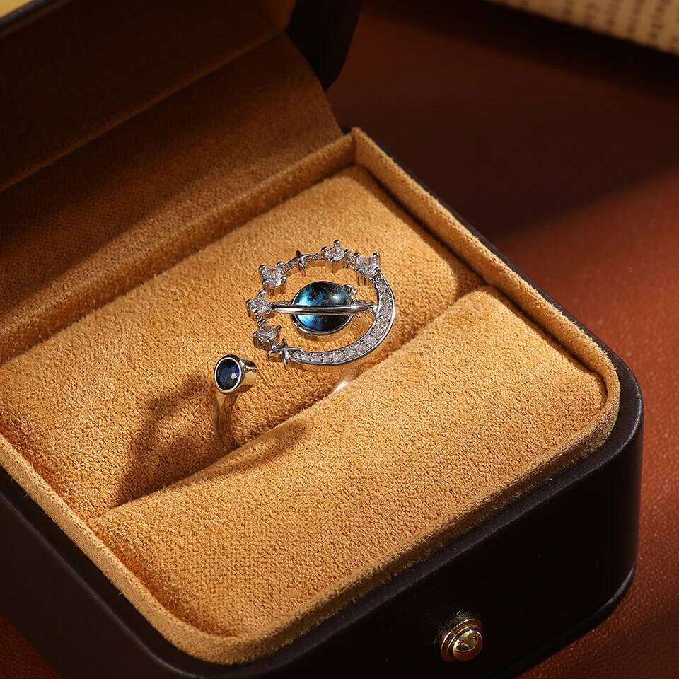 ZAKOL New Blue Planet Series Shiny Zircon Adjustable Open Ring for Women Exquisite Unique Anniversary Birthday Jewelry Gift