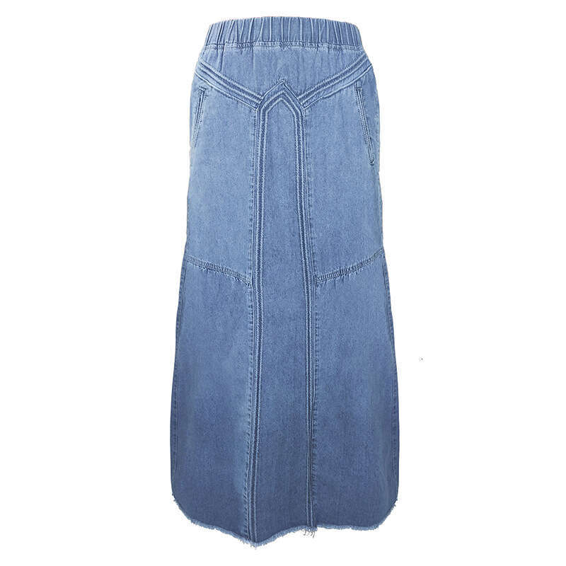 Women's Fashion Autumn Winter Denim A-Line Ribbed Brushed Elastic High Waist Simple Versatile Long Skirt