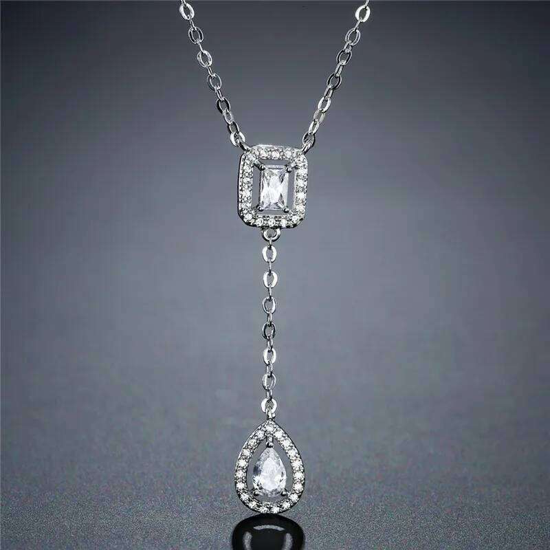 ZAKOL Classic Square Water Drop Zircon Necklace Brilliant Shiny Wedding Party Engagement Jewelry Gifts for Women
