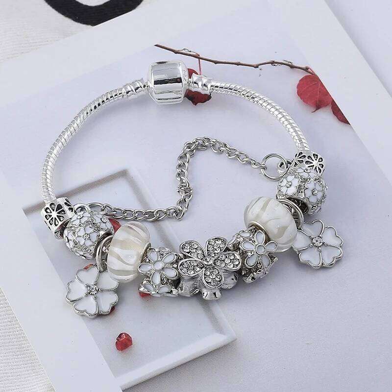BAOPON Hot Sale White Crystal Flower Dangles Charm Plant Beads Brand Bracelet For Women Men Couple Anniversary Jewelry 25H1229