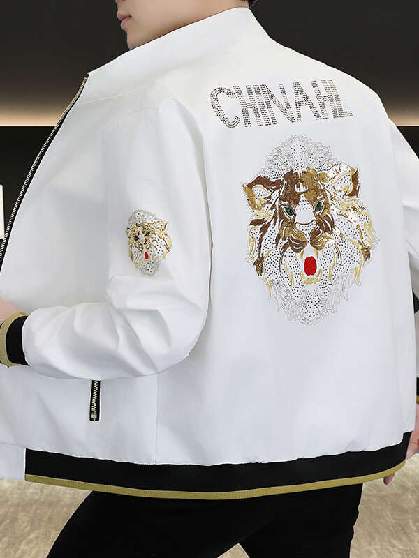 European Brand Fashion Embroidered Lion Men's Spring And Autumn Hot Diamond Domineering Tops Casual Stand Collar Jacket
