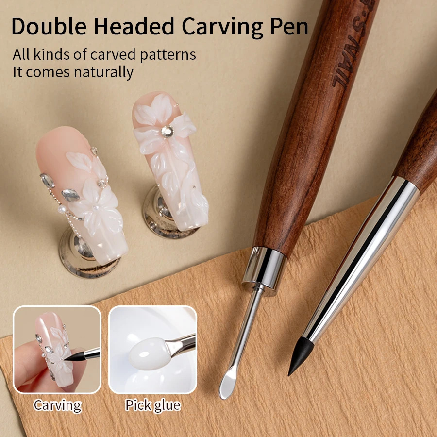 RSNAIL 12PCS Wooden Double Head Nail Art Brush Silicone Carving Pen Supplies Flower Painting for Tool 251215