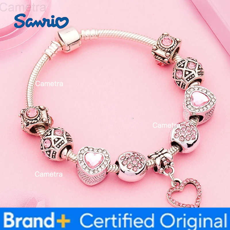 Sanrio New Valentines Romantic Pink Heart Charm Bracelet Bangle Fine Crystal Diy Bead Bracelet Jewelry for Women Girl Gift H251229