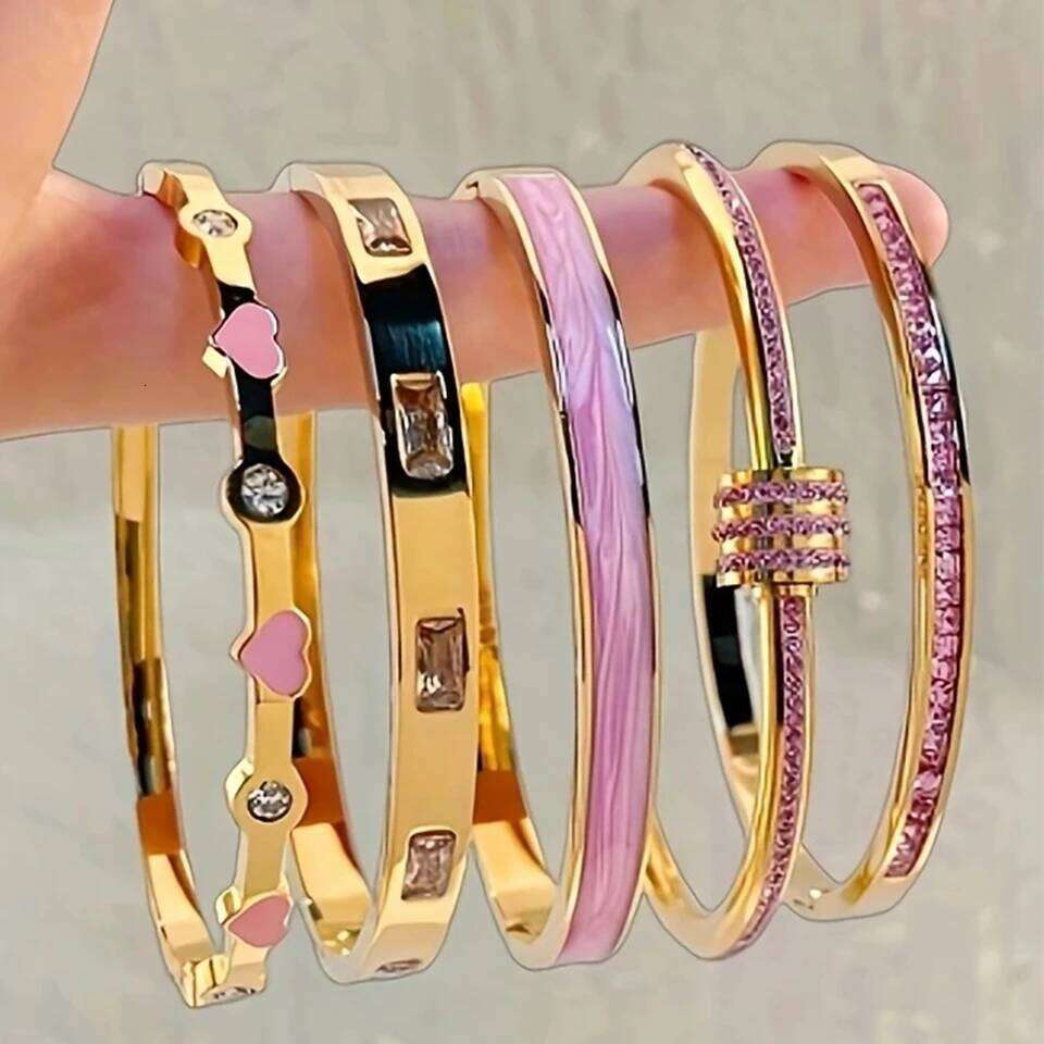 ZAKOL 5pcs/1pcs Pink Crystal Zircon Inlaid Stainless Steel Bracelet Charm Stacked Bracelets Fashion Non-fading Jewelry Gift