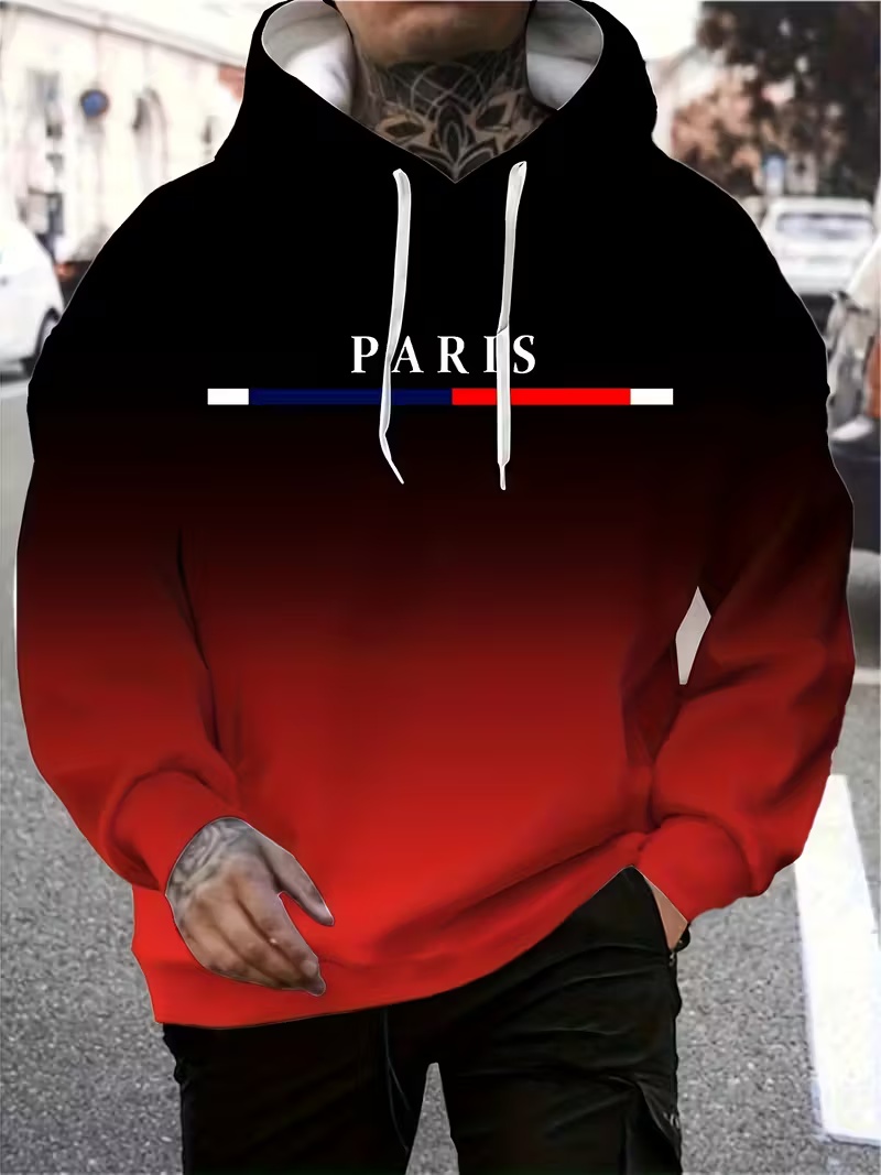 Parisian-Style Men's Hoodie in Black and Red Gradient Color-Blocking with Letter Print Loose-Fit Casual Streetwear Pullover Hoodie