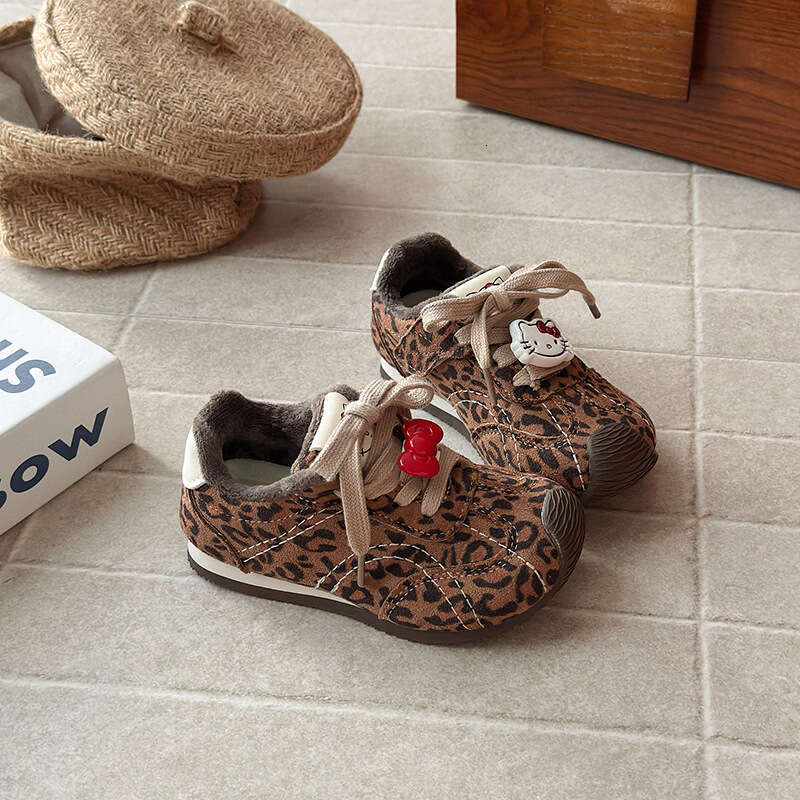 Kitty Dexun 2025 Winter New Korean Style Girls Leopard Print Fleece-Lined Sneakers Thick-Soled Warm Forrest Gump Shoes