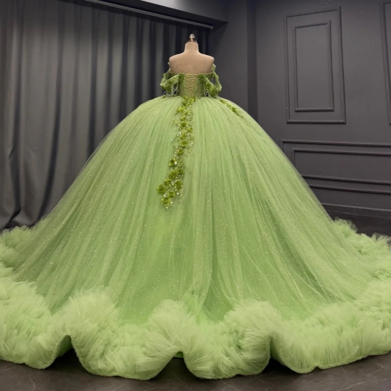 Sage Green Shiny Quinceanera Dresses Ball Gown Off The Shoulder Applique Flower Beading Crystal Tiered Tull Corset Party Birthday Sweet 16 Dres Vestid