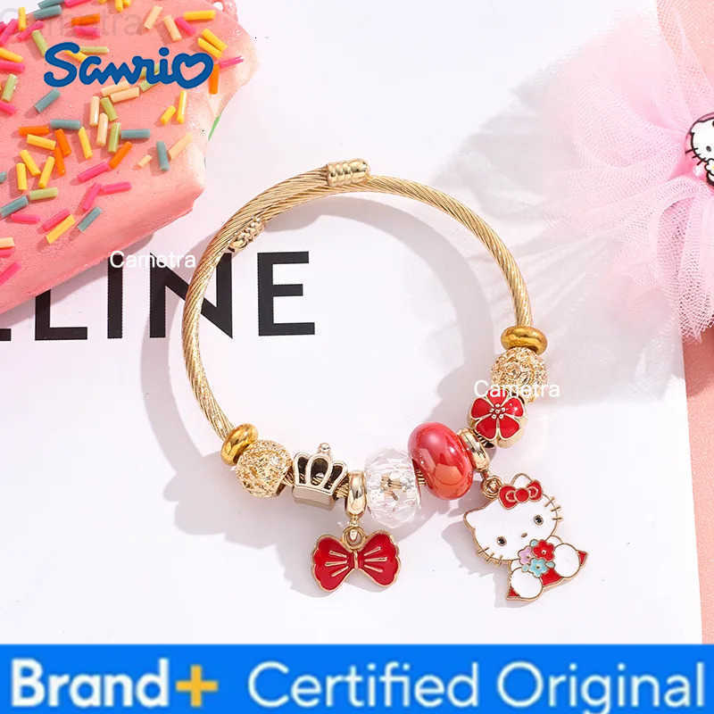 Sanrio Sweet Cartoon Cute Hello Kitty Flower Bowknot Charms Bracelets for Women Girls Saniro Gold Color Stainless Steel Bangle Jewelry H251229