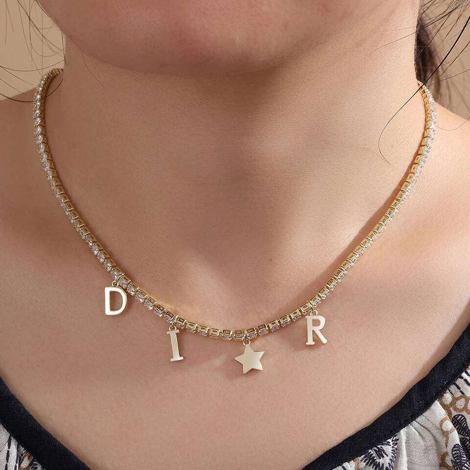ZAKOL Luxury Shiny AAA Zircon Letter Star Charm Necklace for Women Exquisite Party Wedding Choker Neck Accessories