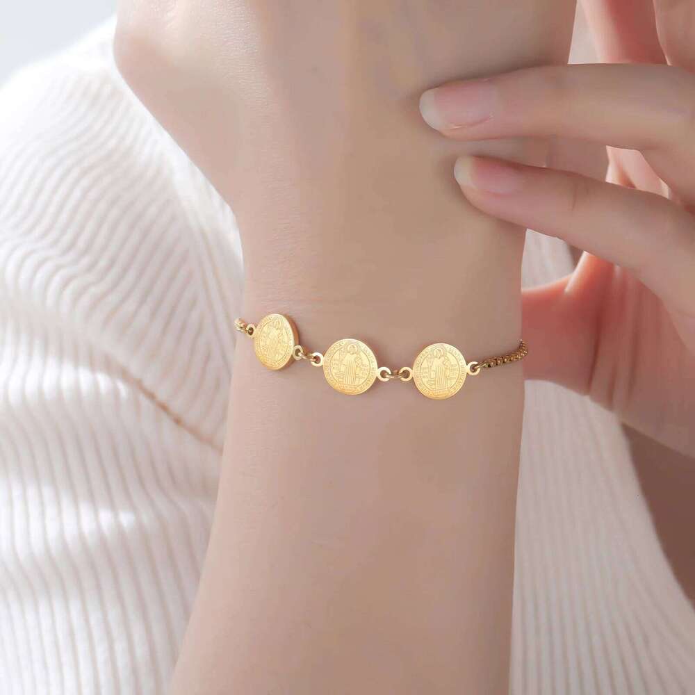 Double-sided Saint Benedict Exorcism Cross Charm Women Stainless Steel Gold Color Adjustable Box Chain Bracelet Jewelry 25H1229