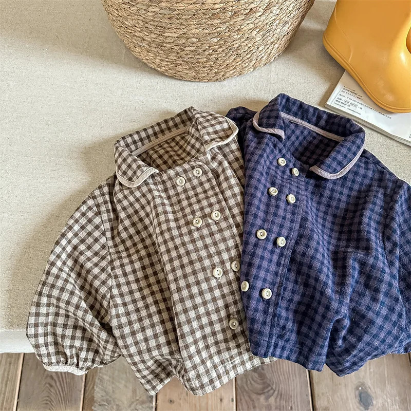 deer jonmi Spring Korean Style Baby Girls Plaid Blouses Peter Pan Collar Bat Sleeve Toddlers Kids Cotton Linen Blouses 251217