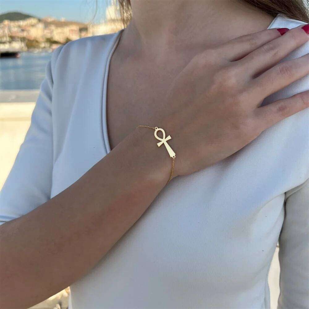 Minimalist Ancient Egypt Ankh Bracelet for Women Gold Color Stainless Steel Cross Wrist Chain Bangle Vintage Egyptian Jewelry 25H1229