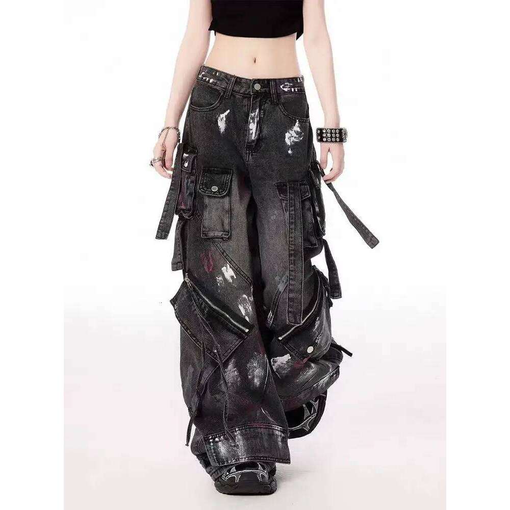 Y2K Harajuku Gothic Multi-Pocket Washed Black Jeans Men And Women 2000s Heavy Industry Drag Street Hip Hop Wide Leg Pants