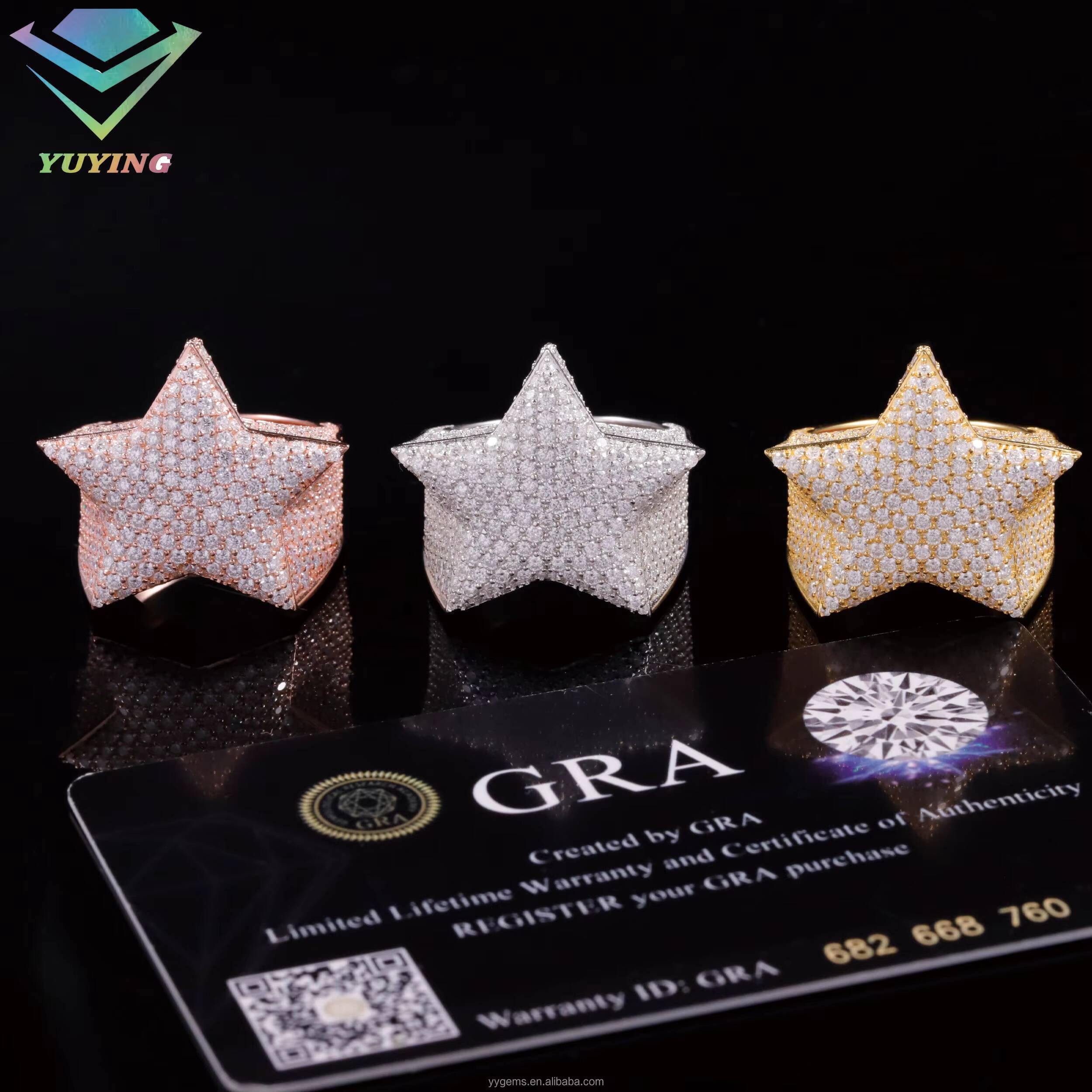 Fashion Hip Hop Lucky Star Fine Jewelry Full Iced Out Gold Plated 925 Sterling Silver VVS Moissanite Diamond Star Ring Men Women