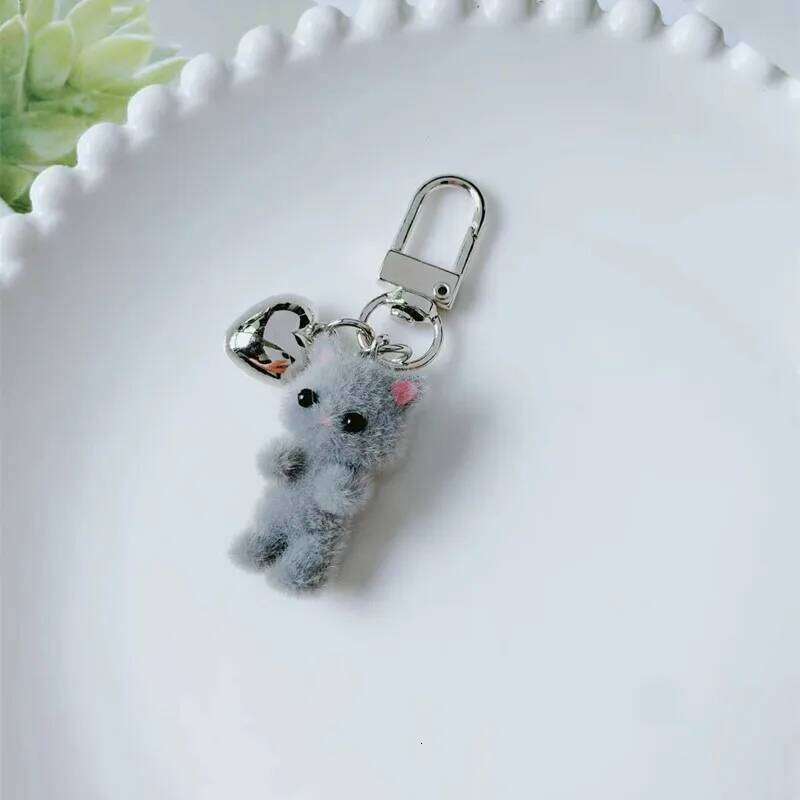 ZAKOL Cute Flocking Cat Keychain 3D Love Phone Pendant Headphone Charm Bag Decor Car Key Ring Jewelry Gift