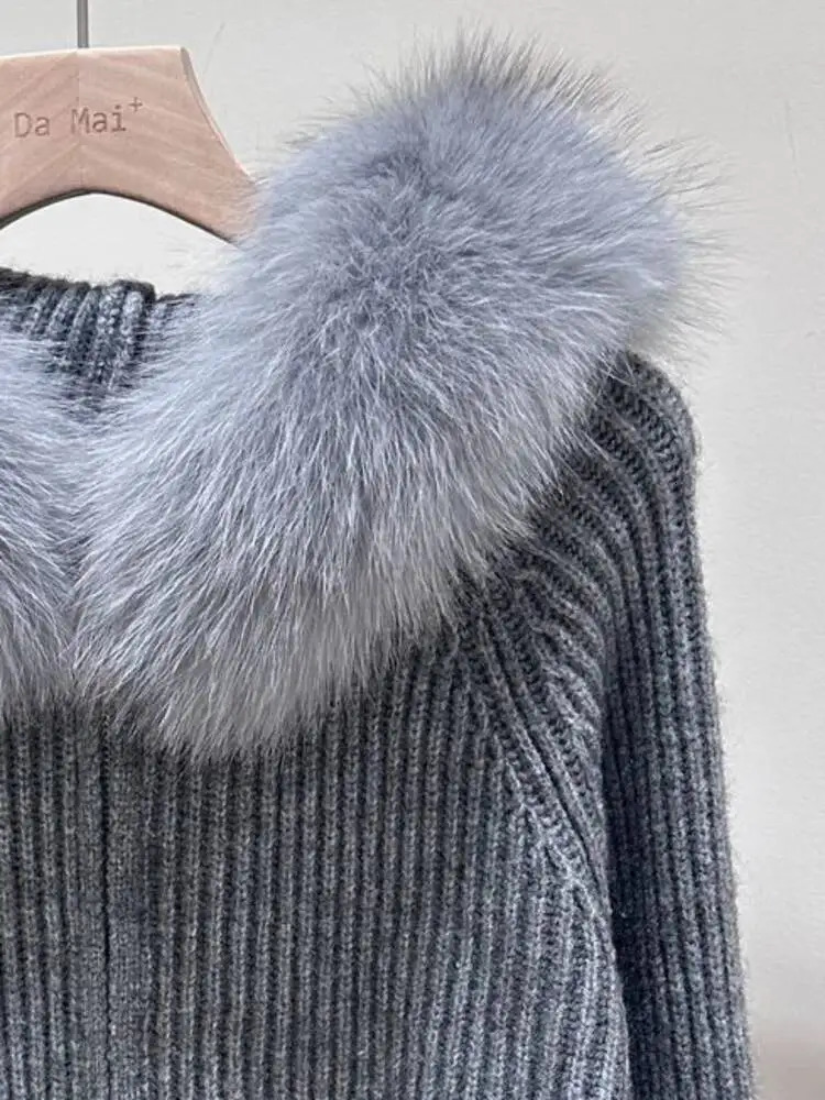 MYMX Large Real Fox Fur Hooded Knitted Cardigan For Women Zipper Long Sleeves Sweater Coat Autumn Winter MX180 251219