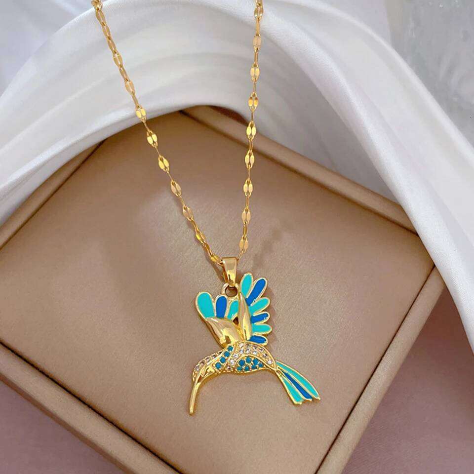 ZAKOL Cute Inlaid CZ Blue Woodpecker Necklace Titanium Stainless Steel Gold Color Chain Animal Pendant Choker Accessories