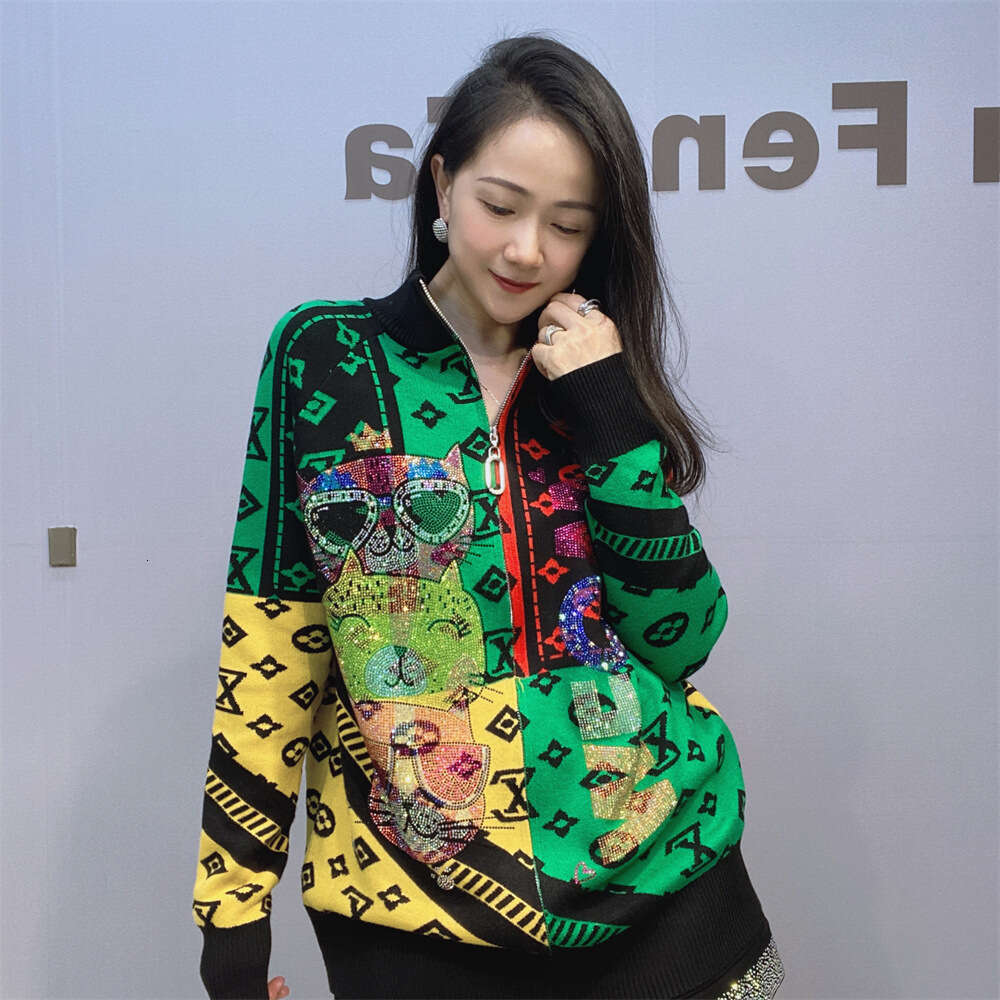 Clothing Colorful Knitted Sweater Jacket Women's Autumn And Winter New Heavy Craftwork Hot Drilling Stand Collar Zipper Cardigan Top