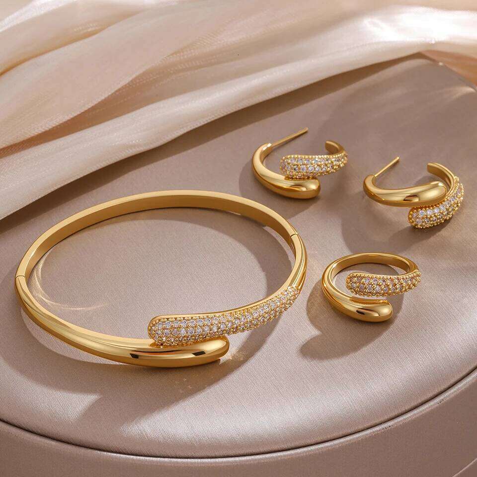 ZAKOL 3Pcs/Set Micro-inlaid Zircon Water Drop Open Bracelet Ring Earrings Set for Women Luxury Wedding Party Jewelry Sets