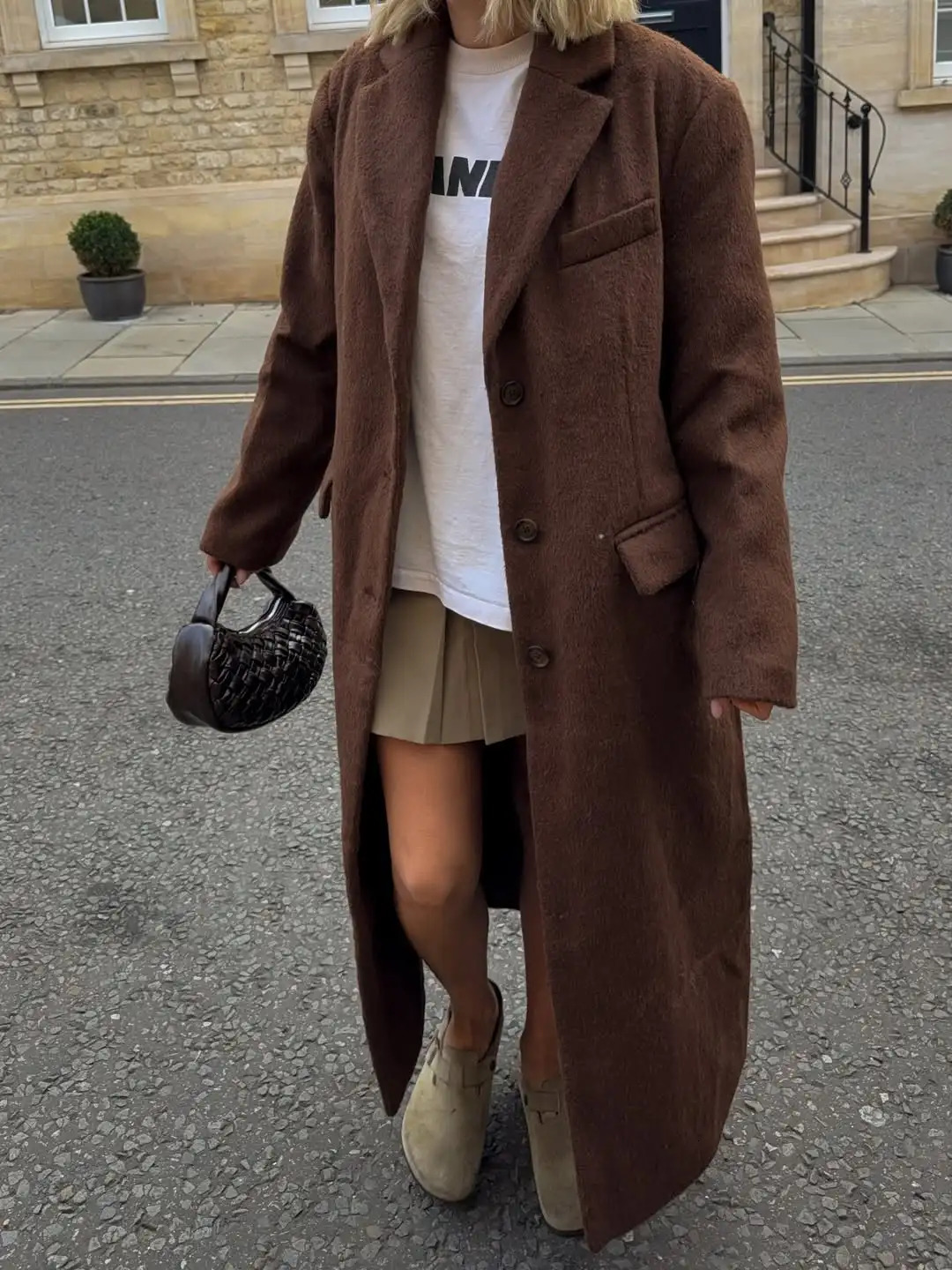 Women Brown Lapel Woolen Overcoat Casual Full Sleeve Single Breasted Loose Pockets Coat 2025 Autumn Lady Commute Outerwear 251216