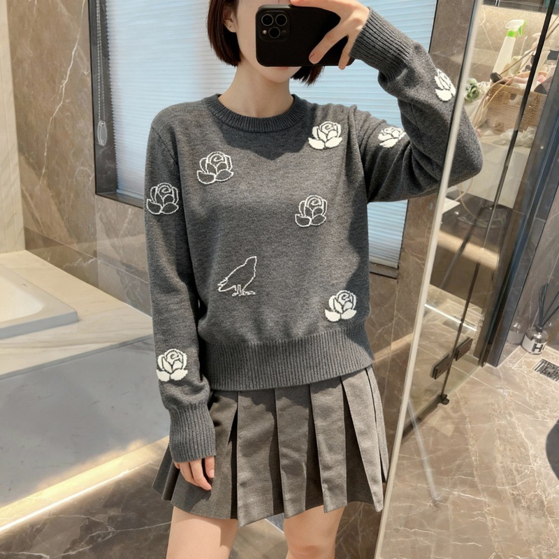 Autumn Winter Wool round Neck Sweater Unisex Fine Wool Knitwear Warm Rose Patterned Casual Korean Style Long Sleeve Top R251229